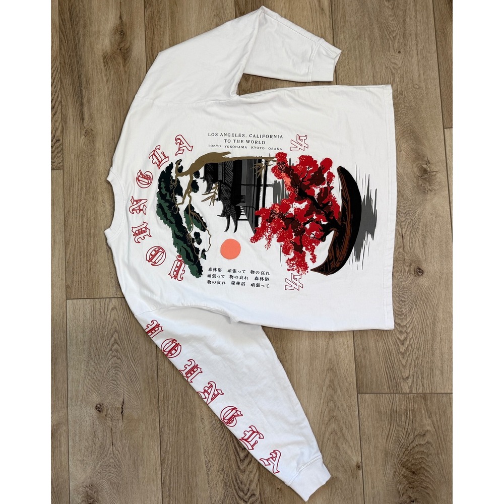 YOUNGLA Large Double Sided Graphic White Long Sleeve Tokyo Streetwear